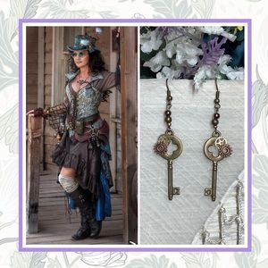 🍒 KEY STEAMPUNK EARRINGS GEAR BOHO HOOK DANGLE COSPLAY BRONZE FESTIVAL MAGIC